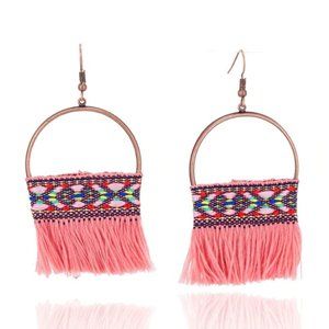 Boho embroidered tassel dangle statement earrings